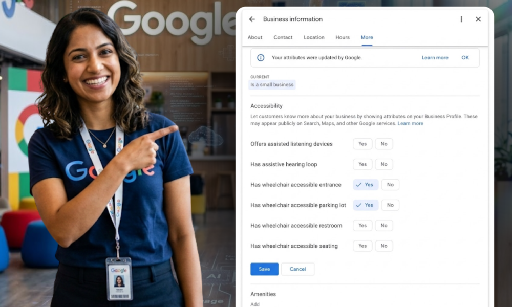 Google employee pointing to a Google Business Profile screen showing accessibility attributes like wheelchair accessible entrance and parking in the business information panel.